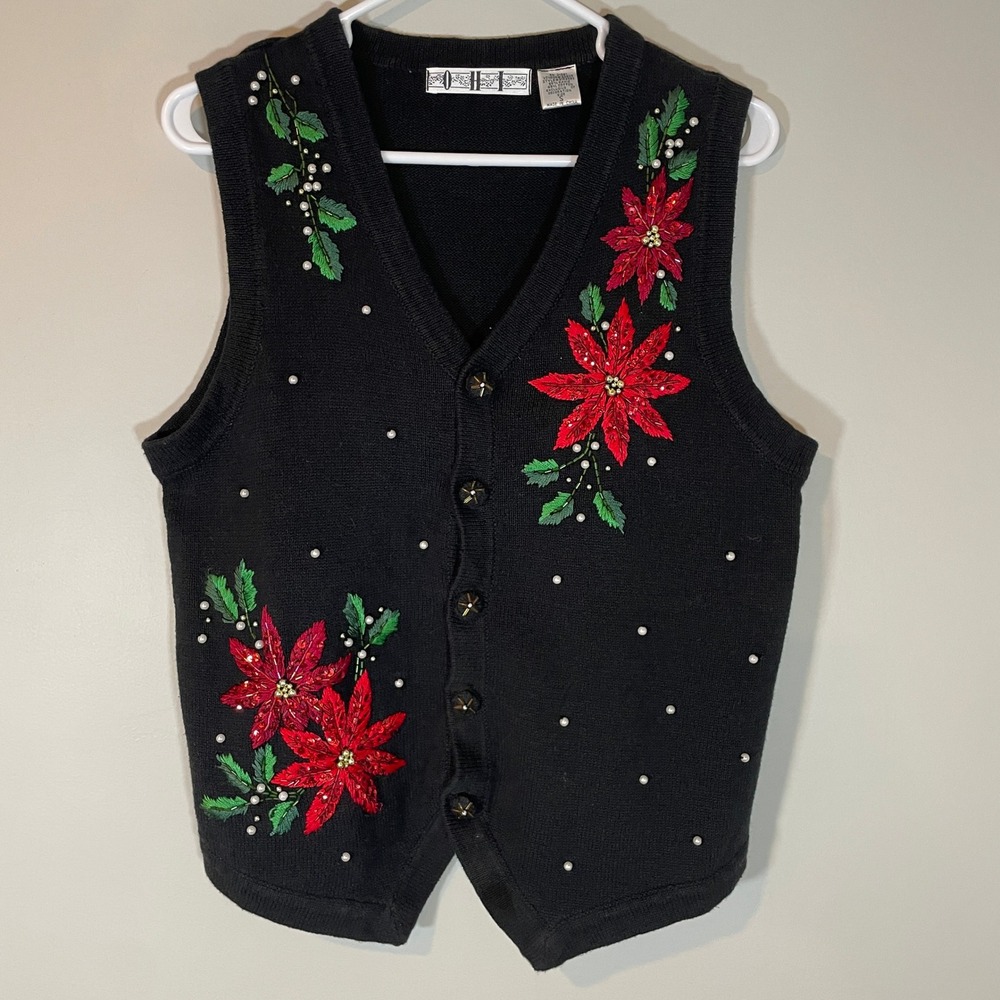 VTG OHI Womens Black Poinsettia Embroidered Beaded Christmas Holiday Vest Small